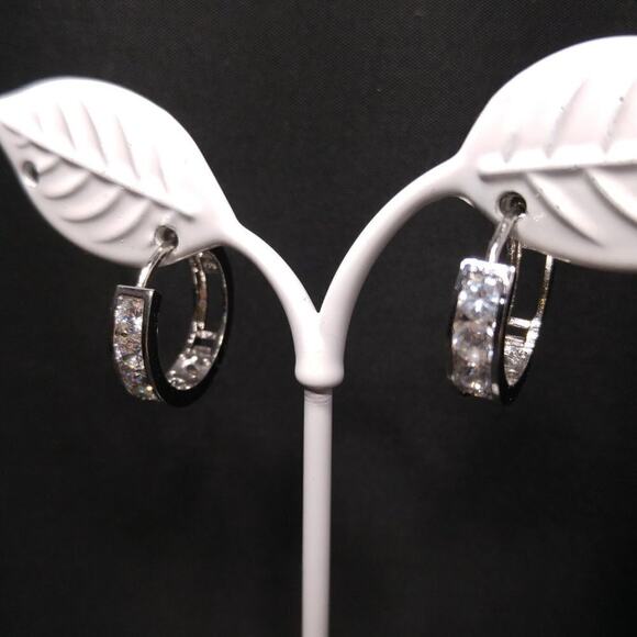 Silver 925 Hoop Post Earrings, Clear Rhinestones, 3/4 Inch - Picture 3 of 10